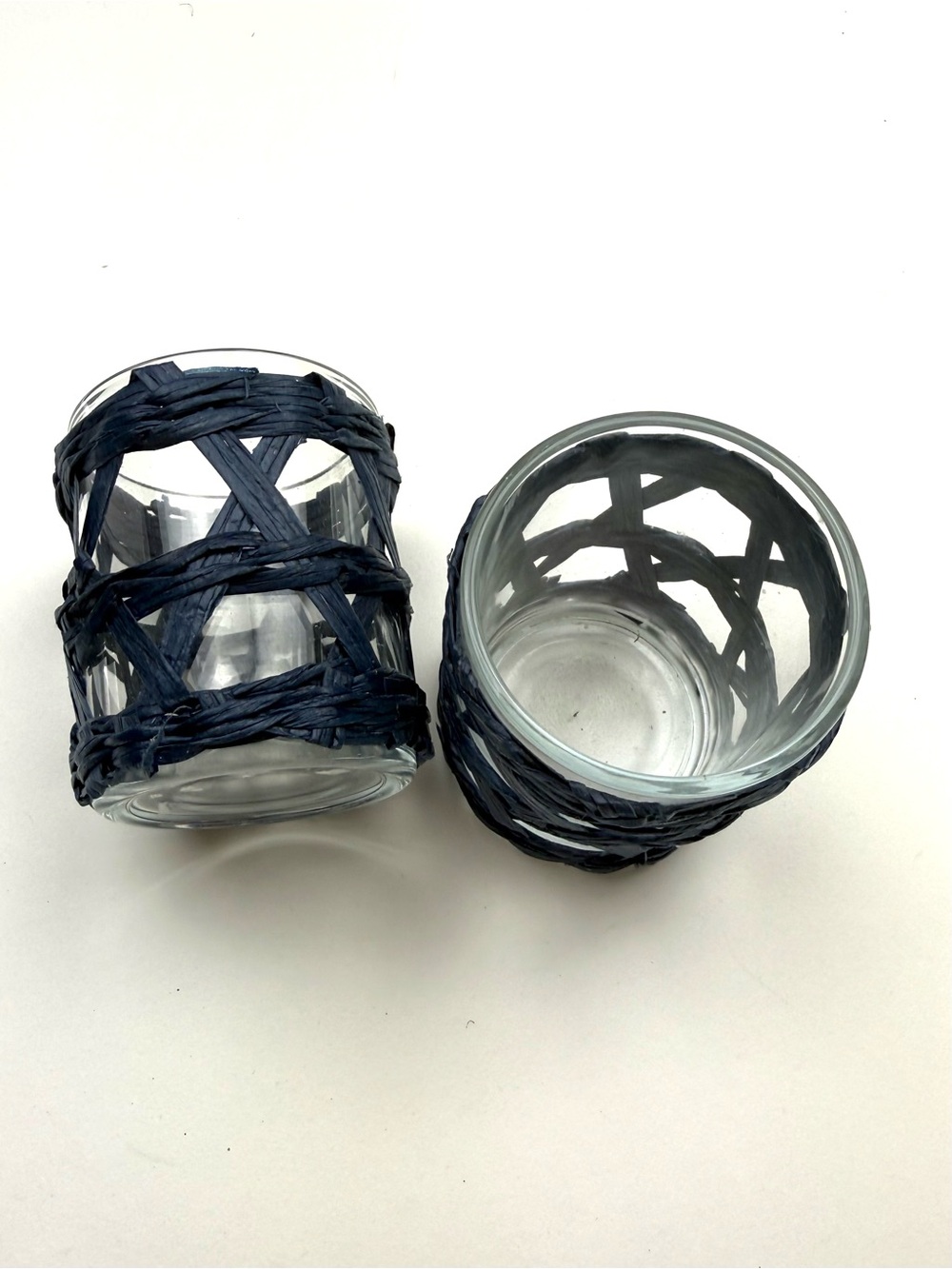 Set of Two Glass Votive Holders with Navy Woven Accent